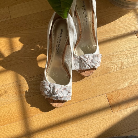 White lace open toe cork heels shoes 8.5 - Picture 3 of 13